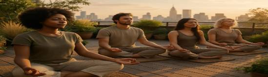 holistic patient wellness, refreshing, practicing meditation, photorealistic, on a tranquil rooftop garden with a view of the cityscape, highly detailed, individuals sitting cross-legged, fine grain detail, earthy tones, golden hour sun, shot with a 28mm lens.
