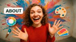 creative about section, enthusiastic expression, illustrating artistic ethos, photorealistic, colorful mural backdrop of paint splashes, highly detailed, interactive graphic elements, high definition, multicolor palettes, bright studio light, shot with a fisheye lens.
