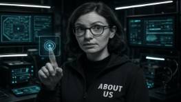 tech-focus about us, inquisitive expression, emphasizing innovation, photorealistic, high-tech lab environment with screens and gadgets, highly detailed, responsive interaction elements, crystal clear, monochrome with neon accents, sharp LED lights, shot with a zoom lens.