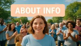 friendly about info page, cheerful expression, depicting community engagement, photorealistic, outdoor setting with happy crowd and clear sky, highly detailed, engaging visuals and user-driven content, full HD, pastel shades, natural sunlight, shot with an ultra-wide lens.