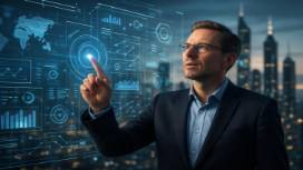 innovative about company, visionary expression, outlining future endeavors, photorealistic, futuristic city skyline with digital interfaces, highly detailed, interactive touchpoints and complex animations, supreme clarity, metallic hues, dynamic artificial lighting, shot with a telephoto lens.